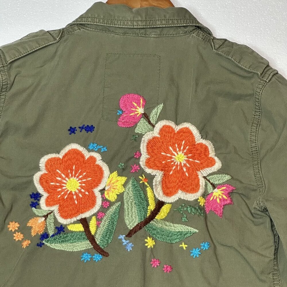 Lucky Brand Embroidered Floral Military Army Green Utility Jacket Size Small